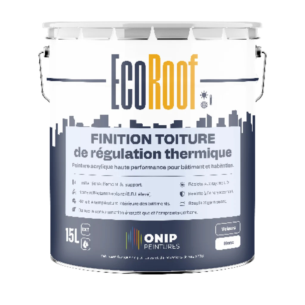 Fût blanc et bleu marine. La séparation entre le blanc et le bleu représente des silhouettes de bâtiments. Finition toiture de régulation thermique