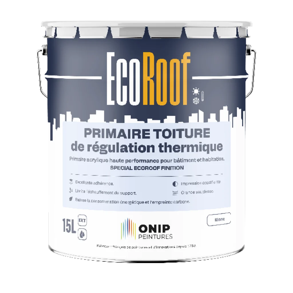 Fût bleu marine et blanc. La séparation entre le bleu et le blanc représente des silhouettes de bâtiments. Primaire toiture de régulation thermique